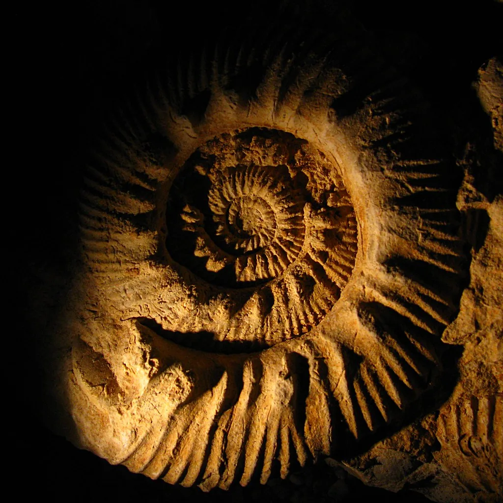Un amonite fosilizado, con su concha en espiral marcada en la roca. Se formó cuando el organismo quedó cubierto de sedimento antes de descomponerse, y con el tiempo los minerales del agua reemplazaron sus partes duras hasta dejar esta copia en piedra. Fotografía de Flickr, r-z, licencia BY.