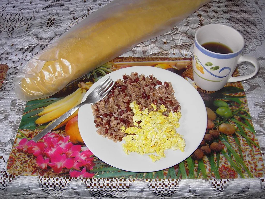 Un desayuno costarricense de gallo pinto, huevo y café. Seguir ese bocado desde la boca hasta la energía de una célula es la forma más fácil de ver trabajar juntos al digestivo, al circulatorio, al respiratorio y al excretor. Fotografía de Flickr, puroticorico, licencia BY.