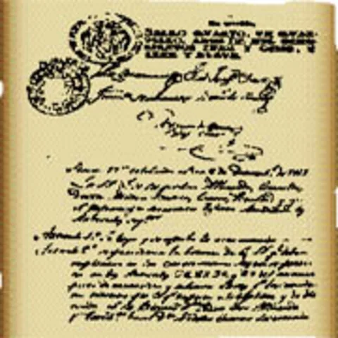Página del Pacto de Concordia, escrita a mano sobre el papel sellado que la Corona obligaba a usar. Fue la primera constitución de Costa Rica: lo que los legados acordaron en Cartago quedó por escrito, y ese papel es lo que convierte una negociación en un acuerdo que obliga a todos. Imagen de Wikimedia Commons, dominio público.