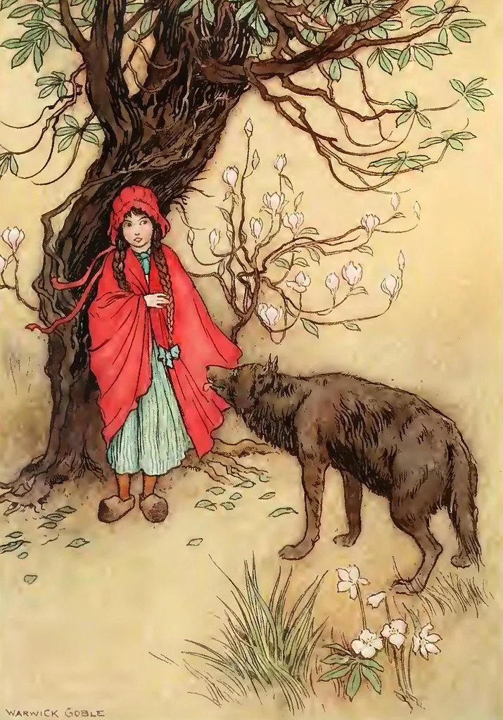 Ilustración de Caperucita Roja firmada por Warwick Goble, de un libro de cuentos antiguo. Acá está la mitad literaria en una sola imagen: nadie escribió que la niña esté en peligro y aun así se sabe, porque el lobo se le acercó y ella quedó pegada al árbol. Los ítems de texto literario se contestan igual, deduciendo de lo que hacen los personajes, y por eso la opción correcta casi nunca repite las palabras del pasaje. Imagen de flickr — thecmn, dominio público.
