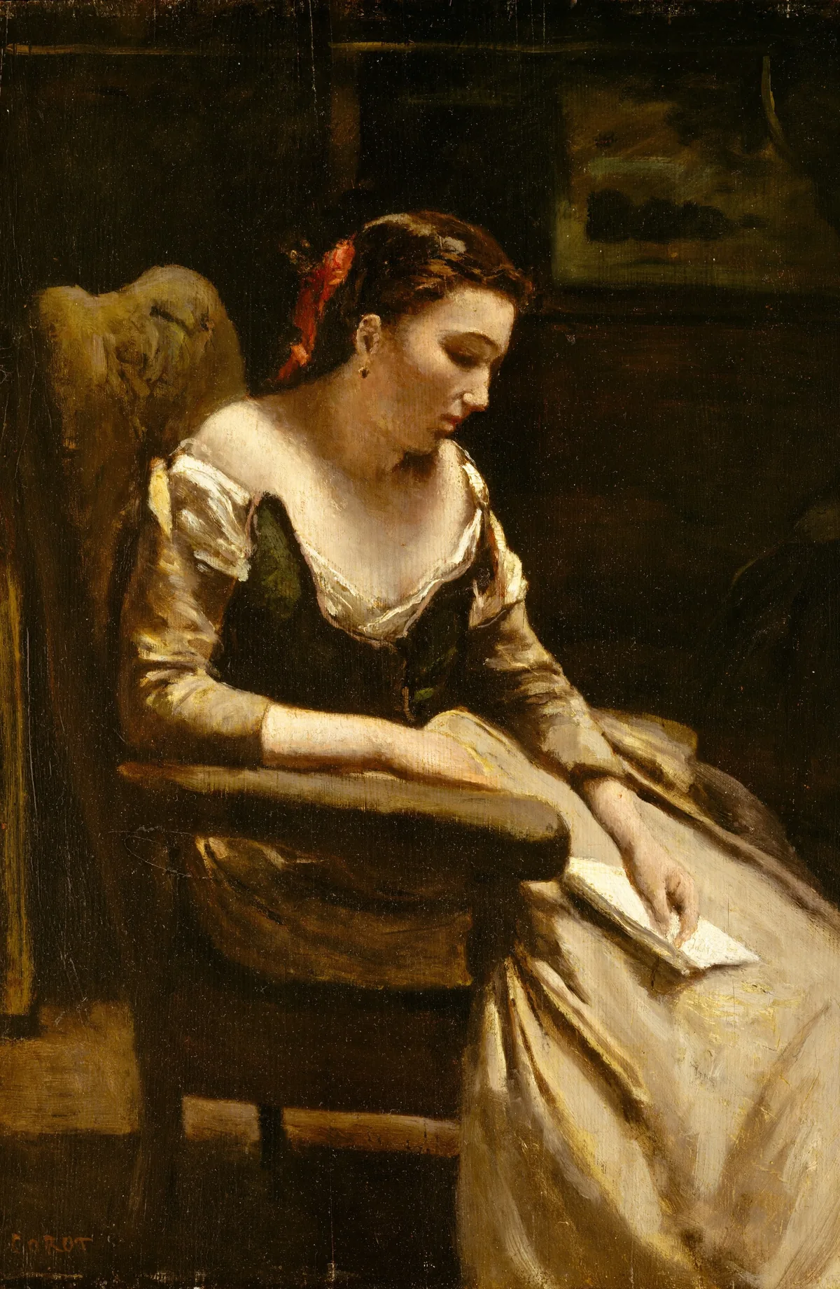 La carta, óleo de Camille Corot pintado hacia 1865. El cuadro no dice qué decía la carta ni qué siente la mujer: lo deja entender con la cabeza inclinada, los ojos bajos y el papel caído sobre la falda, y esos son los indicios. Un texto esconde el sentido de la misma manera, y por eso lo implícito siempre se puede apoyar en algo que sí está puesto. Imagen del Museo Metropolitano de Arte de Nueva York, dominio público.