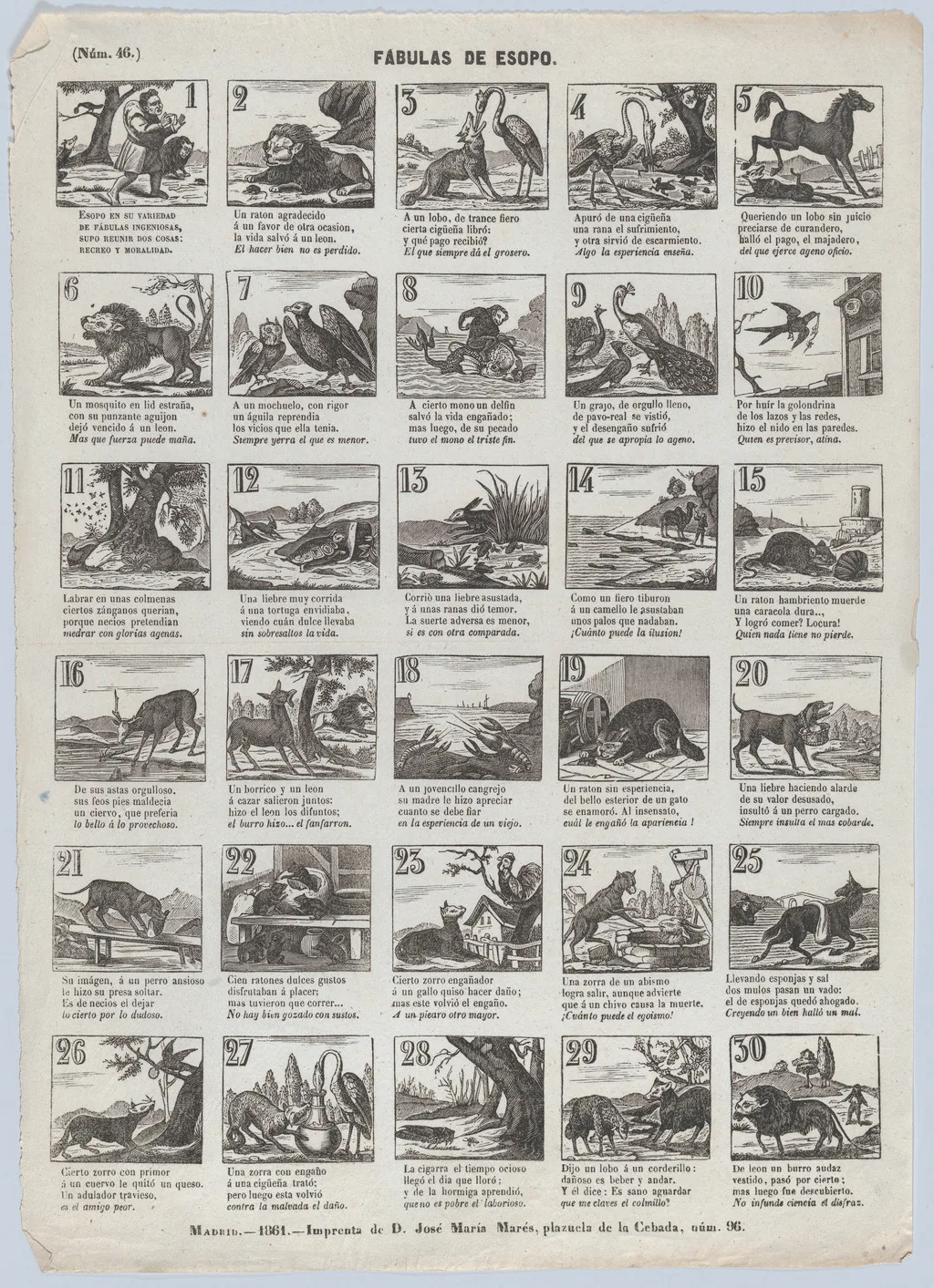 Pliego con treinta fábulas de Esopo, impreso en Madrid en 1861. Cada recuadro cuenta el caso completo en tres renglones y lo cierra con un cuarto, en letra inclinada, que dice lo mismo sin repetir ni una palabra del cuento: ni el animal, ni el lugar, ni lo que pasó. Esa cuarta línea es la síntesis, y muestra que sintetizar no es acortar sino quedarse con lo que sostiene el sentido. Imagen del Museo Metropolitano de Arte de Nueva York, dominio público.