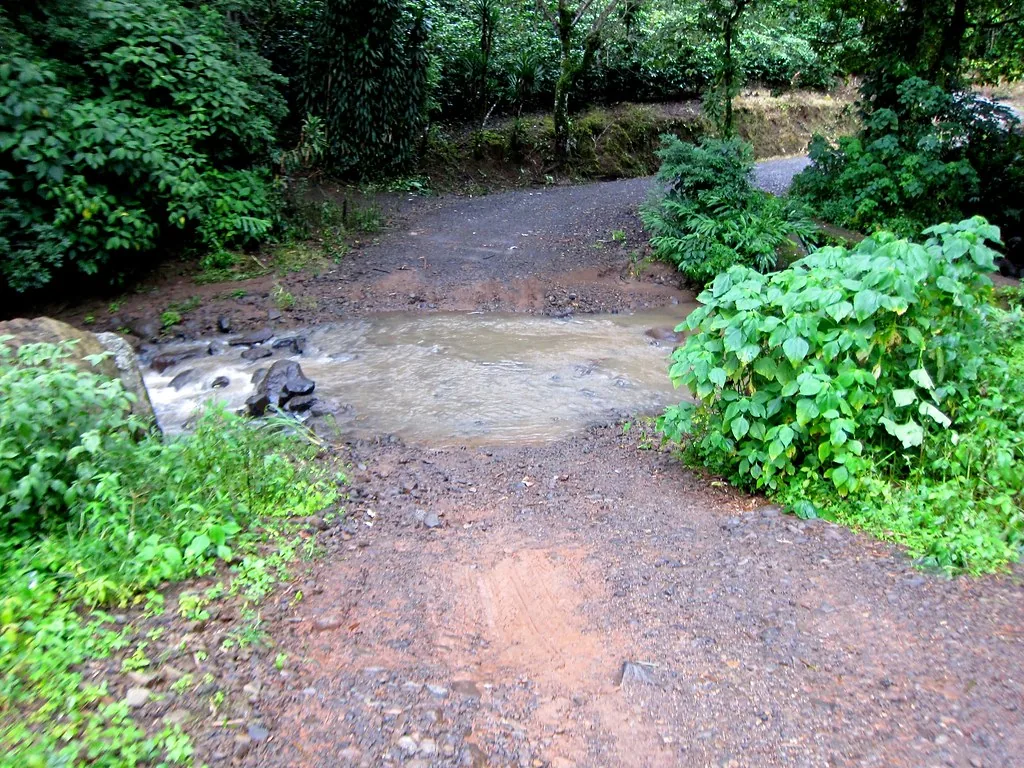 Una quebrada crecida pasando por encima de un camino de lastre, en Costa Rica. Es el modelo del obstáculo externo: el que quiere cruzar puede cambiar de idea todas las veces que quiera y el agua sigue ahí igual. Imagen de flickr — DoNotLick, licencia BY.