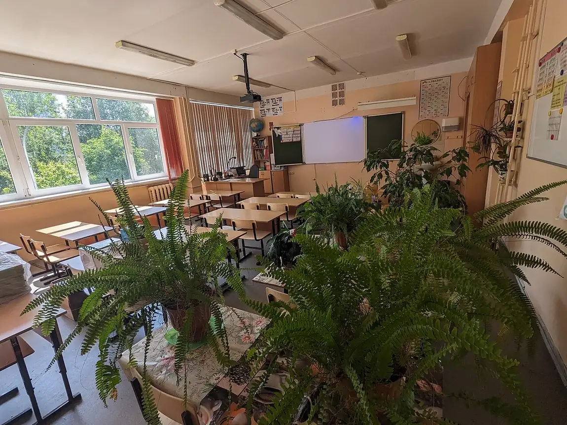 Un aula con casi todo lo de esta lección: la ventana (window) a la izquierda, la pizarra (board) al fondo, los pupitres (desks), las sillas (chairs) y un estante con libros (bookcase). Foto: AKA MBG, Wikimedia Commons, CC0.