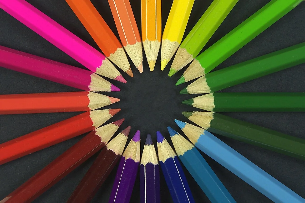 Lápices de color ordenados en círculo: en Art class se usan para draw y paint, dibujar y pintar. Cada color tiene su nombre en inglés: red, blue, yellow, green. Foto: MichaelMaggs, Wikimedia Commons, CC BY-SA 3.0.