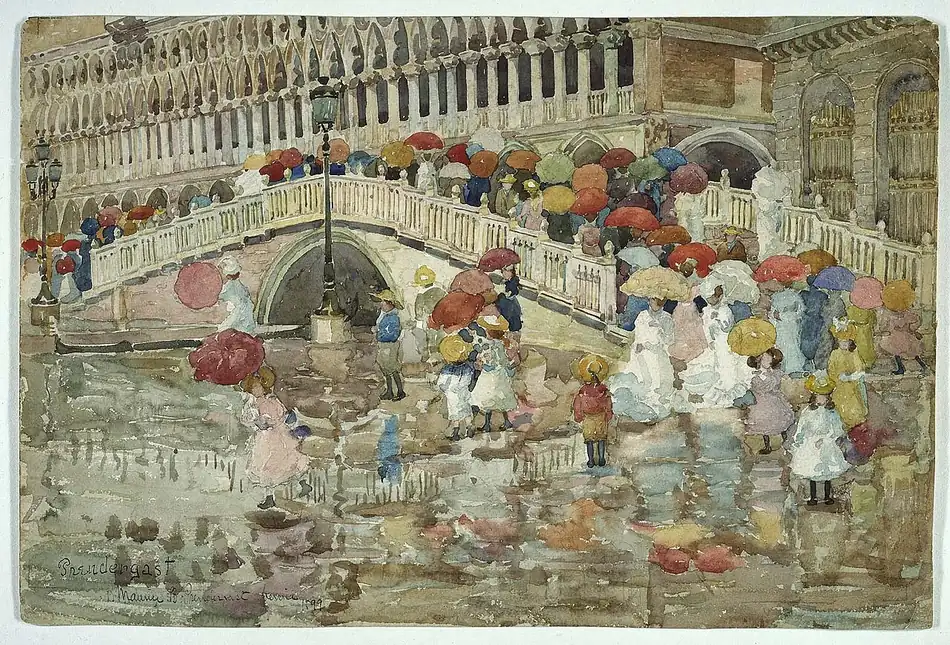 Una pintura de 1899 con muchas sombrillas de colores en un día lluvioso. Cuando it is rainy, se lleva an umbrella. Pintura: Maurice Prendergast, Wikimedia Commons, dominio público.