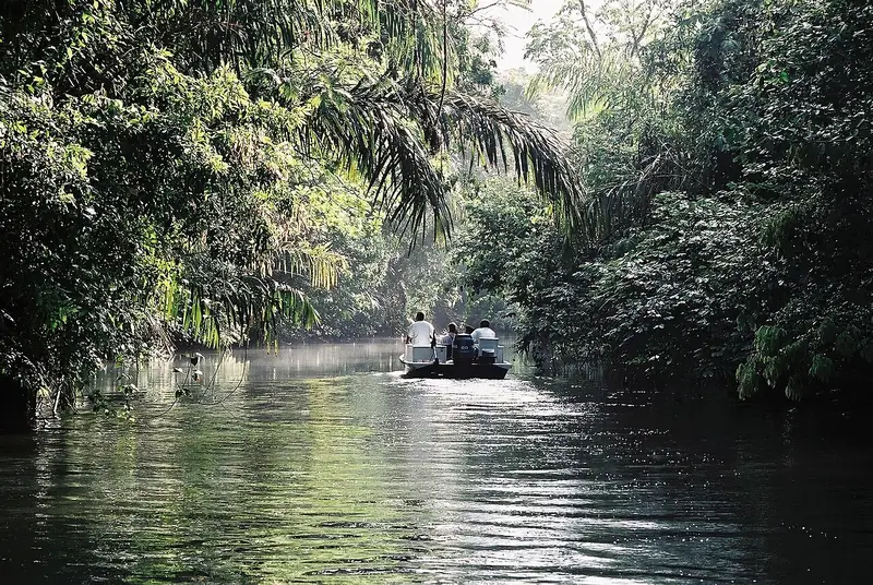 Un bote por los canales de Tortuguero. A Tortuguero se llega by boat, en bote. Foto: Lars0001, Wikimedia Commons, dominio público.