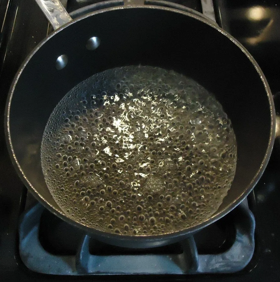 Agua hirviendo en una olla sobre la cocina. First, boil some water: primero, herví el agua. Foto: Tomwsulcer, Wikimedia Commons, CC0.