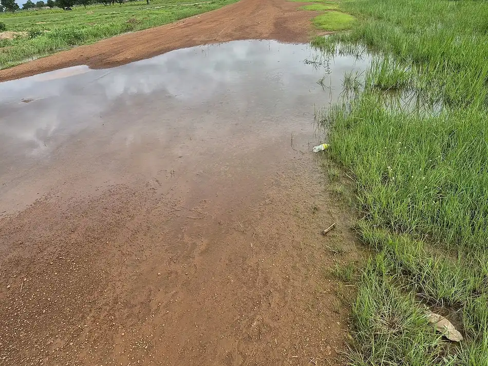 Un camino de tierra lleno de agua después de un aguacero. The road was flooded: el camino se inundó. Foto: EST blueprint, Wikimedia Commons, CC BY-SA 4.0.