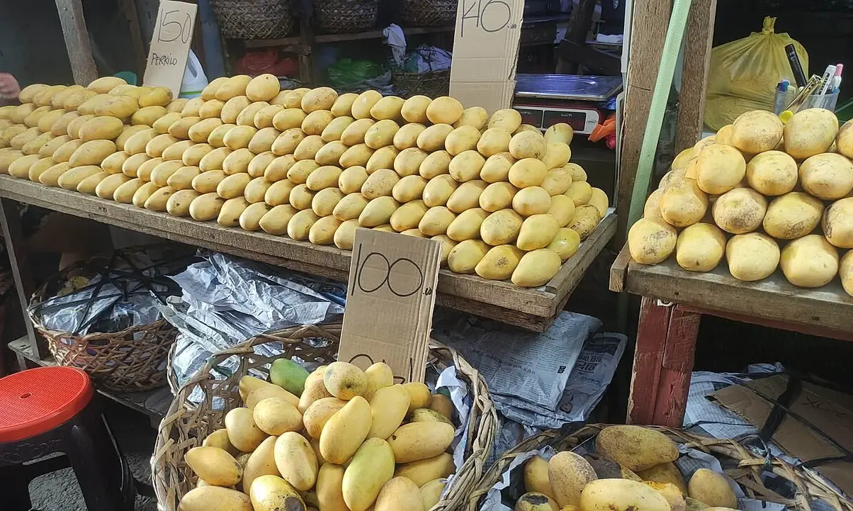 Mangos maduros en un puesto de mercado, con sus precios. I want three big mangoes, please. Foto: PAULIX04, Wikimedia Commons, CC BY-SA 4.0 (recortada).