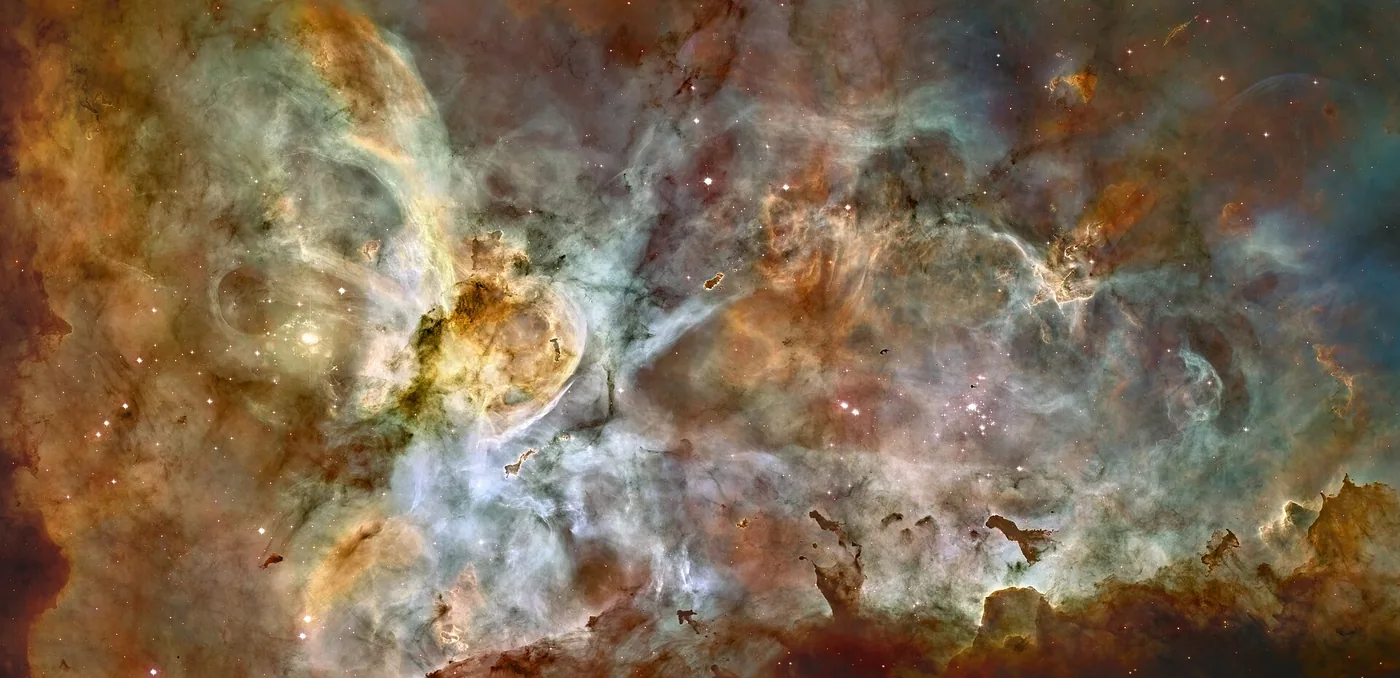Una nebulosa: una nube enorme de gas y polvo en el espacio donde se están formando estrellas nuevas. Los telescopios la fotografían a miles de años luz de aquí. Foto: NASA, ESA y N. Smith, dominio público.