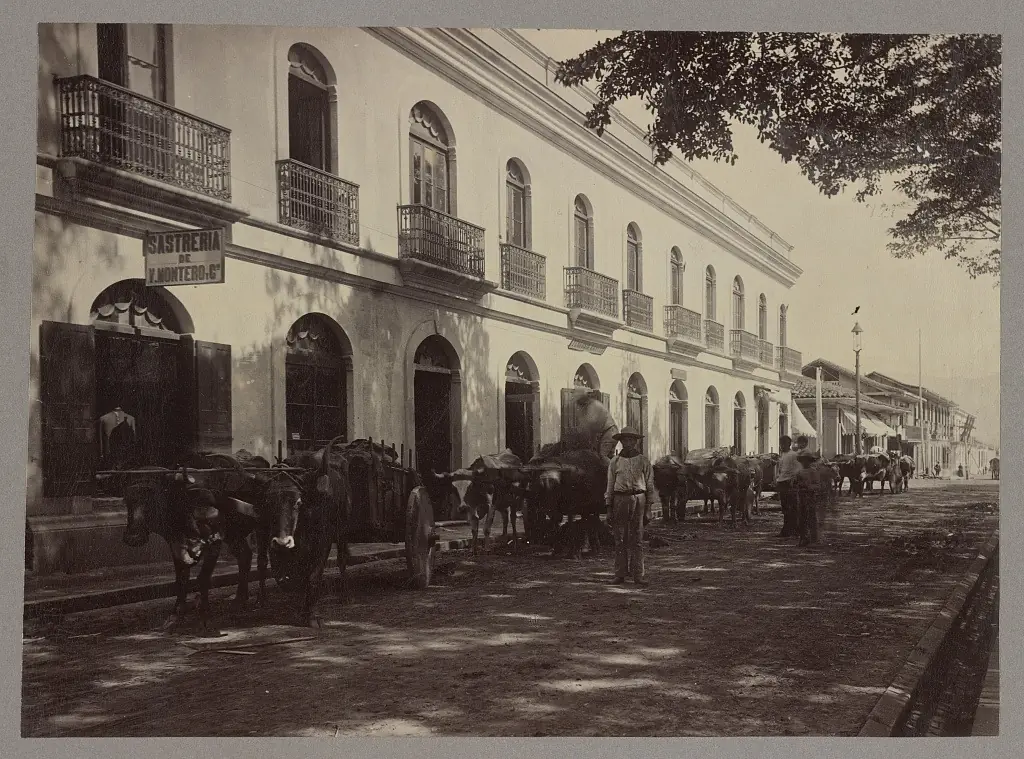 Una calle de San José hace más de cien años, con carretas de bueyes donde hoy pasan carros: primero la carreta, después la carretera, un orden que los textos a veces cuentan al revés. Foto: Library of Congress, Wikimedia Commons, dominio público.